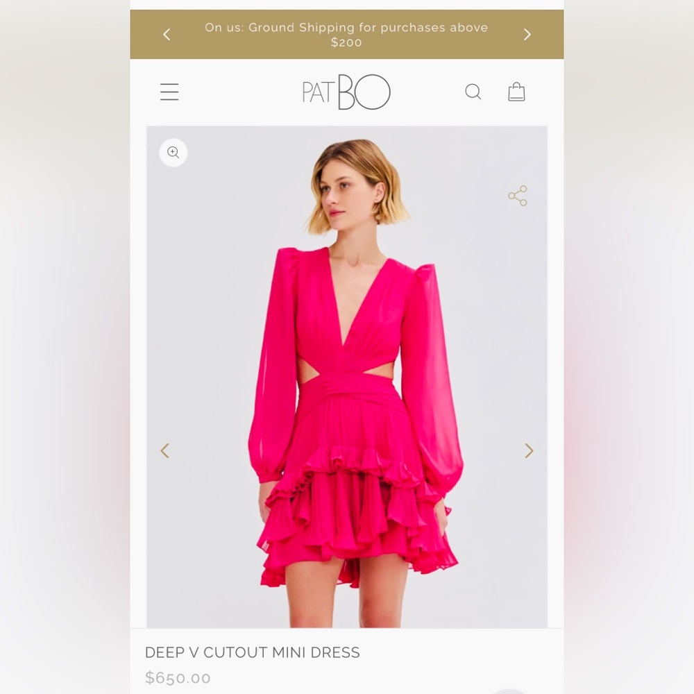 PatBO Deep V Cutout Vibrant Pink Long Sleeve Mini Dress NWT! US 2